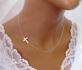 Stylish Celebrity Sideways Cross Necklace - Gold or Silver Plated
